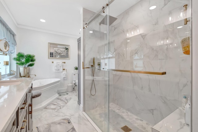 full bathroom featuring crown molding, a freestanding tub, vanity, and a marble finish shower