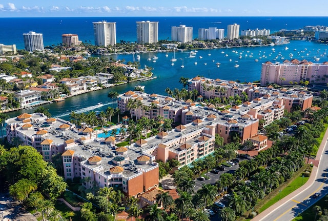 drone / aerial view with a water view
