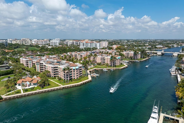 aerial view featuring a view of city and a water view