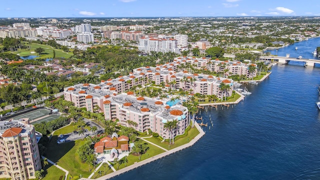 aerial view featuring a view of city and a water view