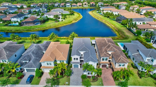 drone / aerial view with a water view and a residential view