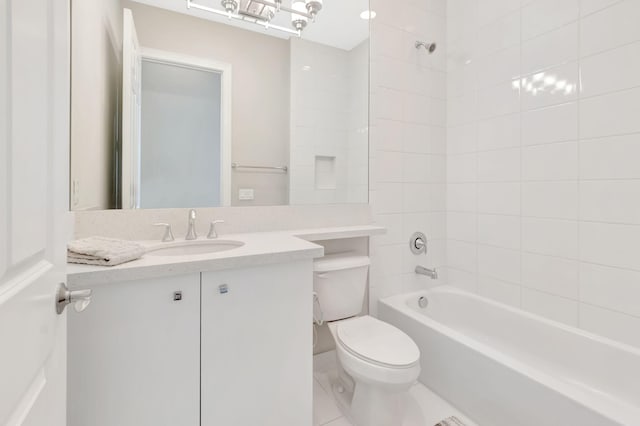 full bath featuring shower / bathtub combination, toilet, tile patterned floors, and vanity