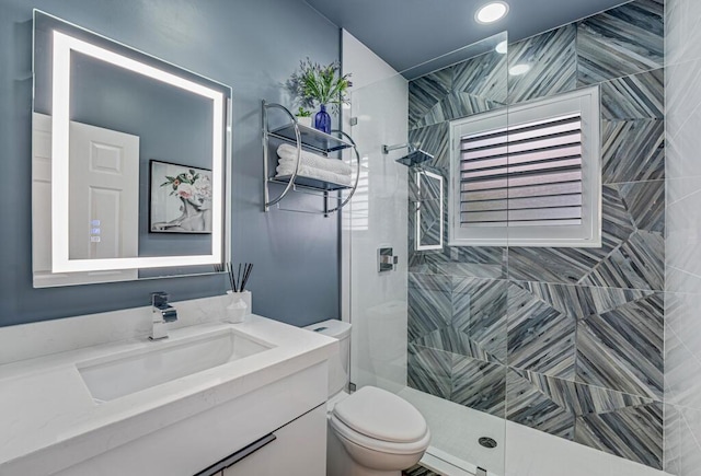 full bath with a walk in shower, toilet, and vanity