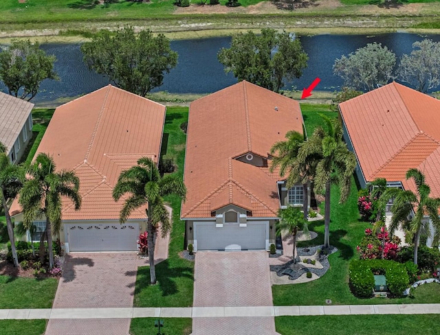 drone / aerial view featuring a water view