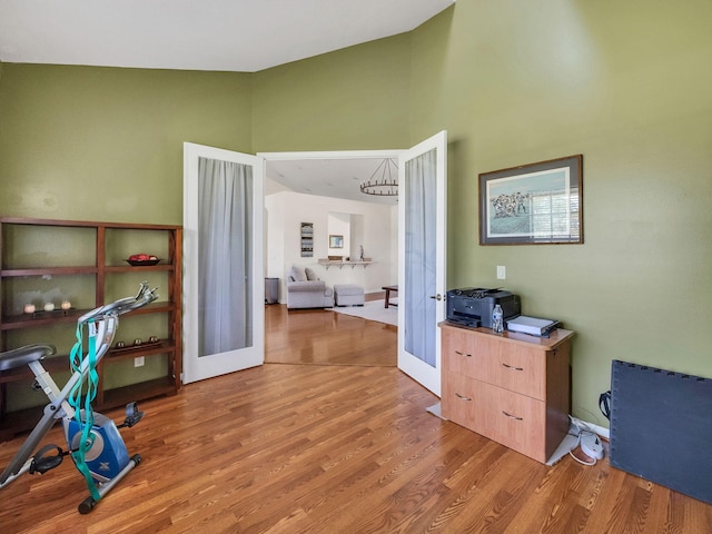 8465 Mandarin Blvd, Loxahatchee, FL 33470 - office space featuring high vaulted ceiling, french doors, and light wood finished floors