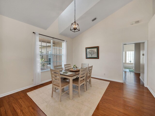 8465 Mandarin Blvd, Loxahatchee, FL 33470 - dining space with baseboards, high vaulted ceiling, visible vents, and wood finished floors