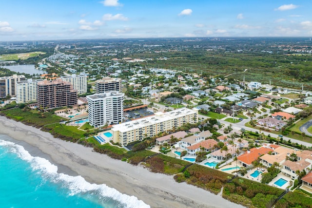 aerial view featuring a beach view and a water view