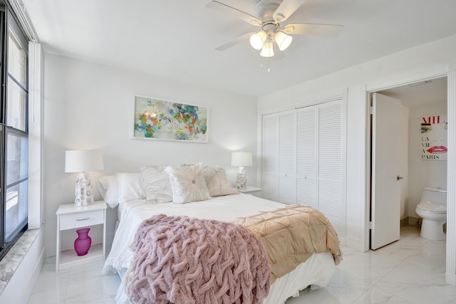 6 Royal Palm Way Unit 506, Boca Raton, FL 33432 - bedroom with a ceiling fan, a closet, and marble finish floor