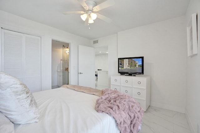 6 Royal Palm Way Unit 506, Boca Raton, FL 33432 - bedroom with ceiling fan, ensuite bath, marble finish floor, baseboards, and visible vents