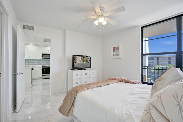 6 Royal Palm Way Unit 506, Boca Raton, FL 33432 - bedroom with a wall of windows, visible vents, ceiling fan, and marble finish floor