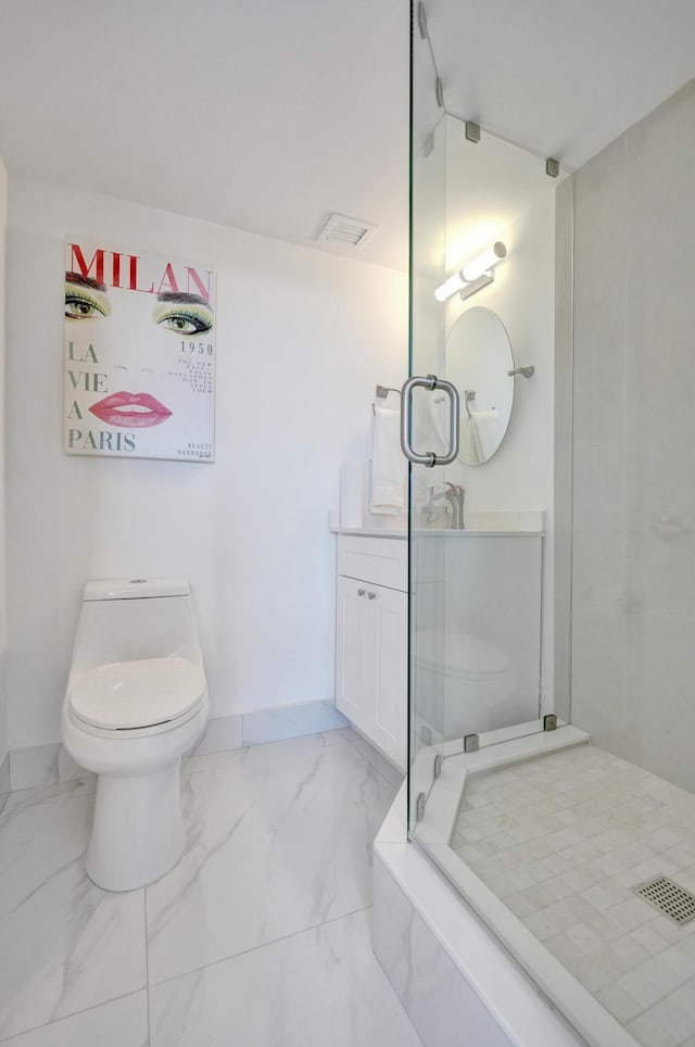 6 Royal Palm Way Unit 506, Boca Raton, FL 33432 - bathroom with vanity, a stall shower, toilet, and marble finish floor