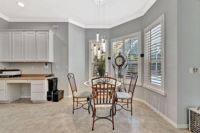 dining room with light tile patterned floors, baseboards, ornamental molding, and recessed lighting