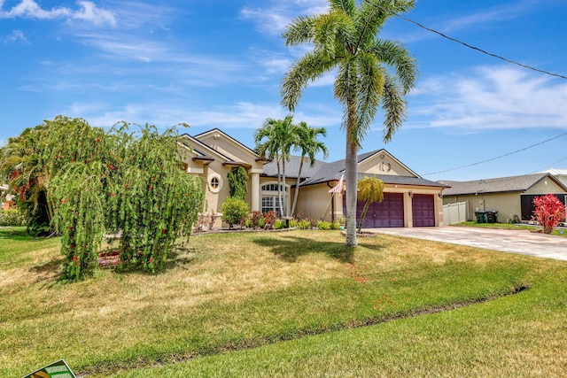 ranch-style house with an attached garage, concrete driveway, stucco siding, and a front yard