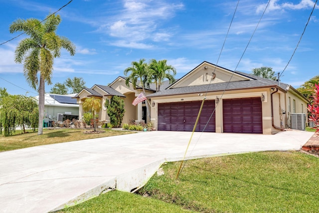 single story home featuring central AC unit, a garage, a front lawn, concrete driveway, and stucco siding