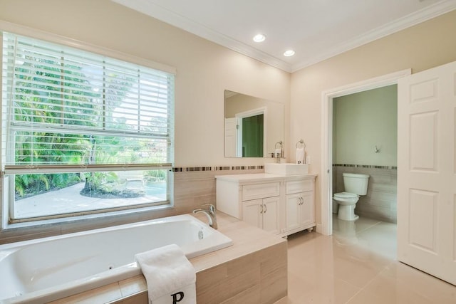 16239 121st Ter N, Jupiter, FL 33478 - bathroom with crown molding, vanity, toilet, tile patterned floors, and a bath