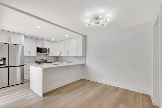2003 20th Way, West Palm Beach, FL 33407 - kitchen with appliances with stainless steel finishes, light wood-style floors, light countertops, tasteful backsplash, and a peninsula