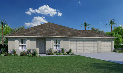 view of front of property featuring a garage, stucco siding, driveway, and a front lawn