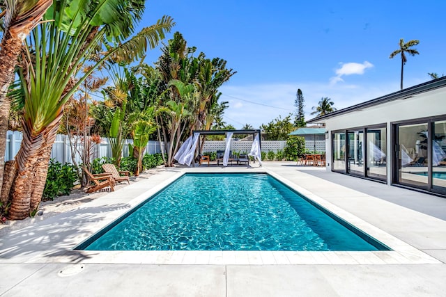 view of swimming pool featuring a fenced backyard, a fenced in pool, and a patio area