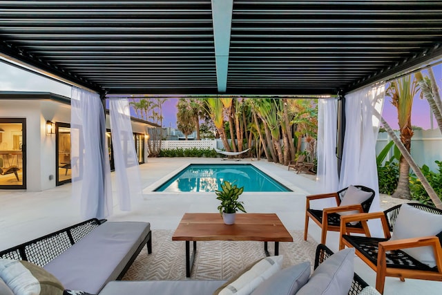 view of swimming pool with a fenced backyard, a fenced in pool, a patio, and outdoor lounge area