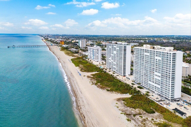 bird's eye view featuring a view of the beach and a water view