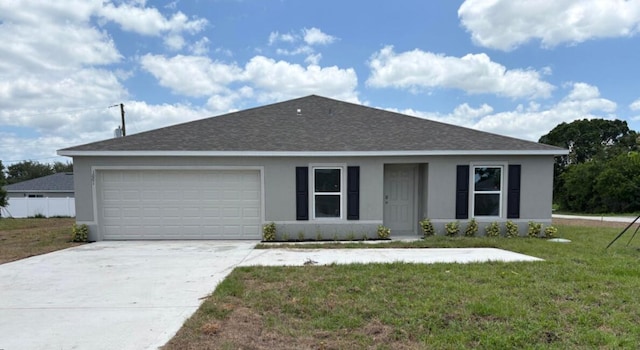 1001 NW Bayshore Blvd, Port Saint Lucie, FL 34983 - ranch-style house featuring stucco siding, a front lawn, an attached garage, roof with shingles, and concrete driveway