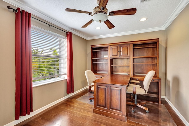 office area featuring baseboards, a textured ceiling, dark wood-style floors, and a healthy amount of sunlight
