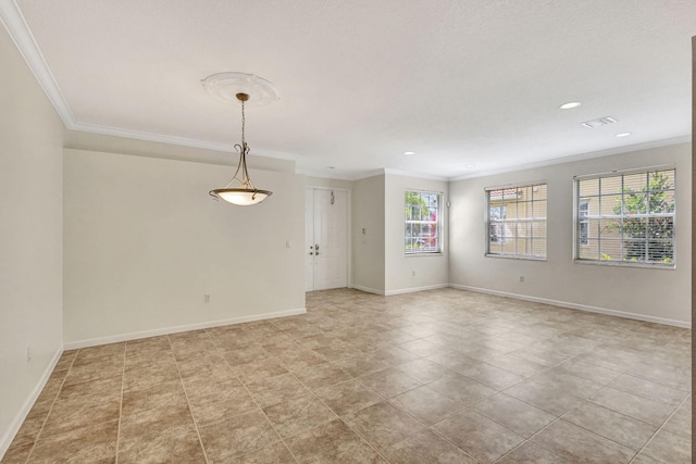 unfurnished room featuring crown molding, baseboards, light tile patterned floors, and recessed lighting