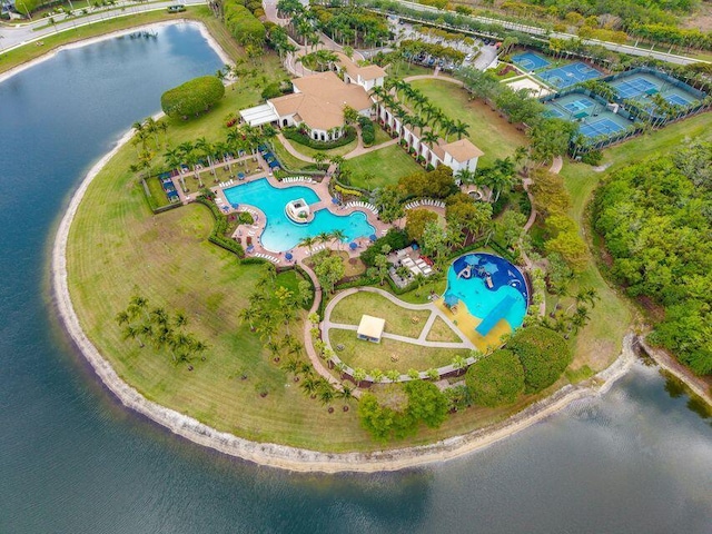 birds eye view of property featuring a water view