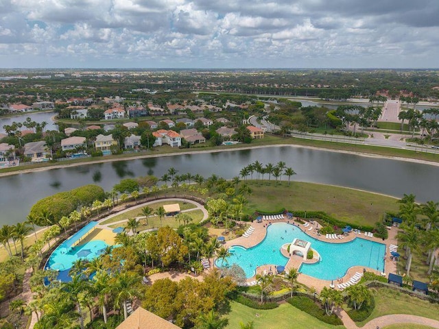 drone / aerial view featuring a water view