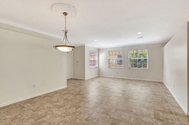 empty room with crown molding, baseboards, recessed lighting, and light tile patterned flooring