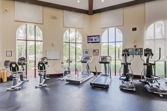 gym featuring a high ceiling and a healthy amount of sunlight