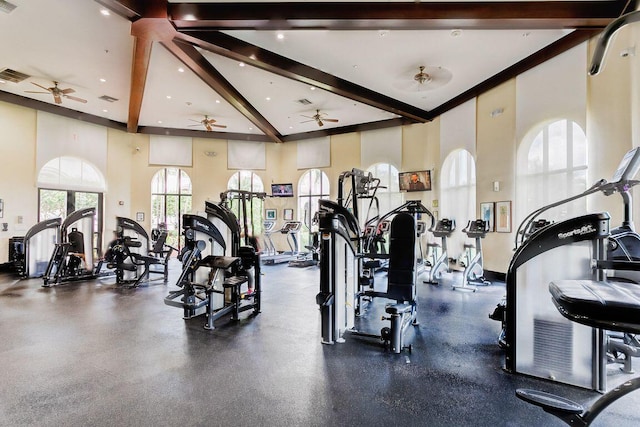 exercise room with high vaulted ceiling, ceiling fan, recessed lighting, and visible vents
