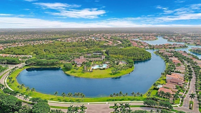 aerial view featuring a water view and a residential view