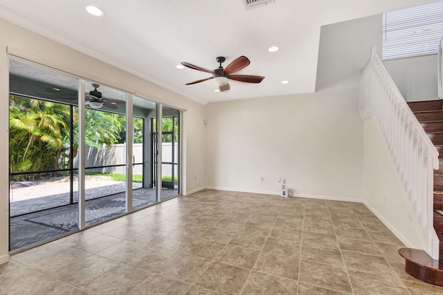 empty room featuring stairs, recessed lighting, ceiling fan, and baseboards