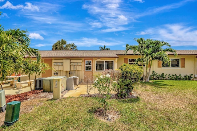 rear view of property with a lawn, central AC unit, and stucco siding