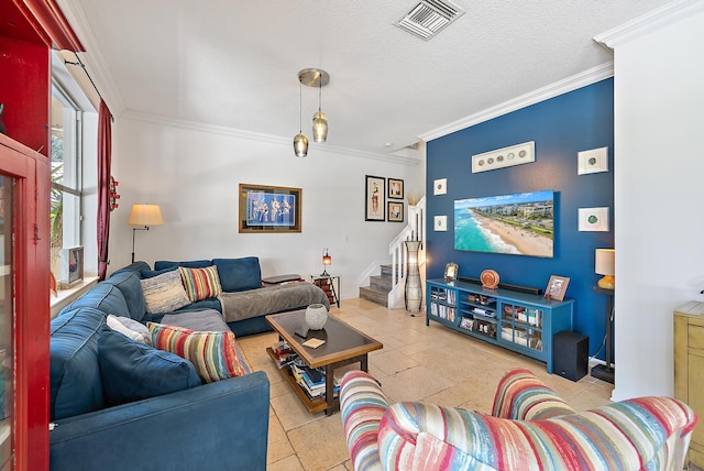 4474 Thornwood Cir, Palm Beach Gardens, FL 33418 - living area with ornamental molding, stairs, baseboards, stone tile flooring, and a textured ceiling