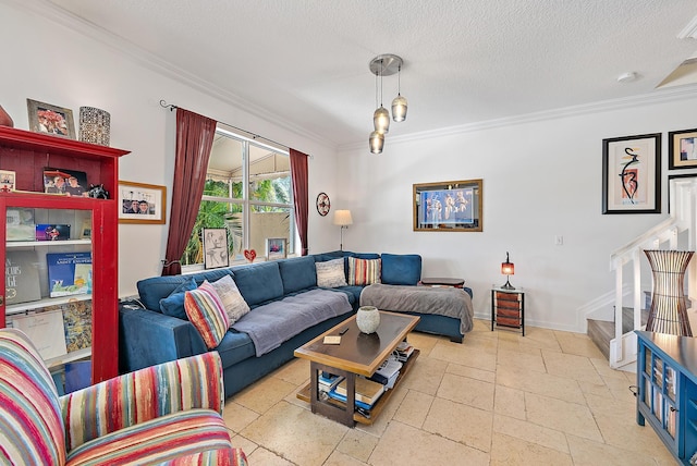 4474 Thornwood Cir, Palm Beach Gardens, FL 33418 - living area featuring crown molding, stairs, stone tile flooring, a textured ceiling, and baseboards