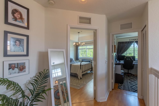 hallway featuring visible vents, light wood-style flooring, and a healthy amount of sunlight