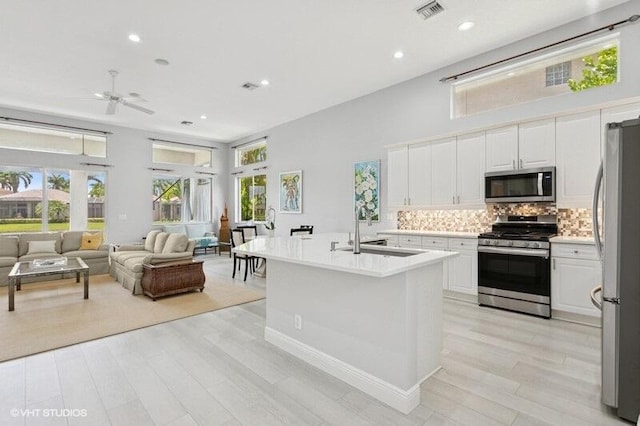 kitchen featuring appliances with stainless steel finishes, a sink, light wood finished floors, decorative backsplash, and open floor plan