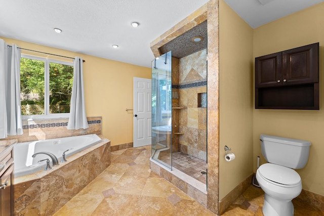 full bath with toilet, baseboards, recessed lighting, a bath, and a shower stall