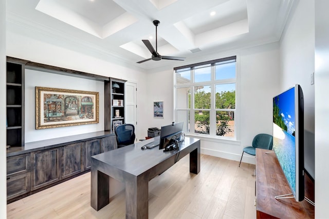 office area featuring coffered ceiling, a ceiling fan, light wood finished floors, and beam ceiling