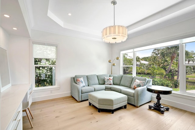 living area with a healthy amount of sunlight, a raised ceiling, and light wood-style floors