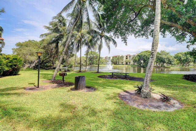 view of community with a water view and a yard