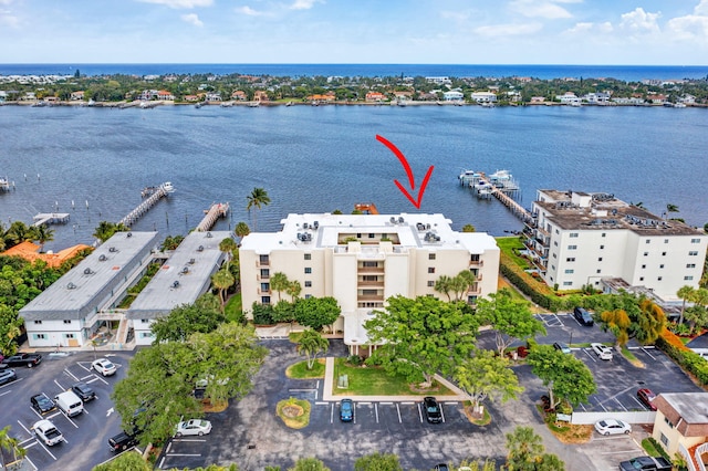 aerial view featuring a water view