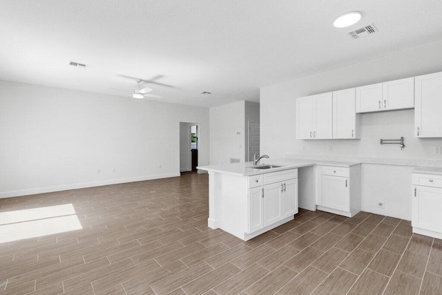 kitchen with ceiling fan, visible vents, a sink, white cabinets, and a peninsula