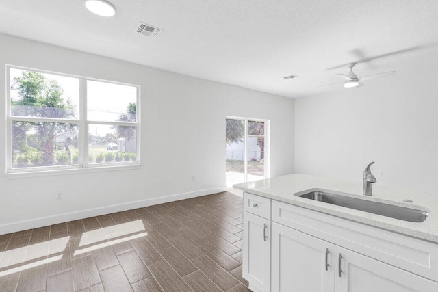 kitchen with white cabinetry, wood finish floors, light stone counters, and a sink