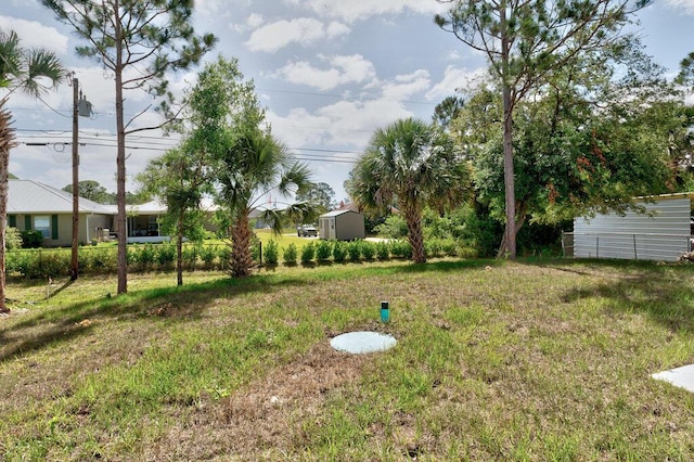 view of yard with a shed and an outbuilding