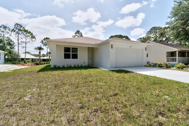 ranch-style house featuring an attached garage, a front lawn, stucco siding, and concrete driveway