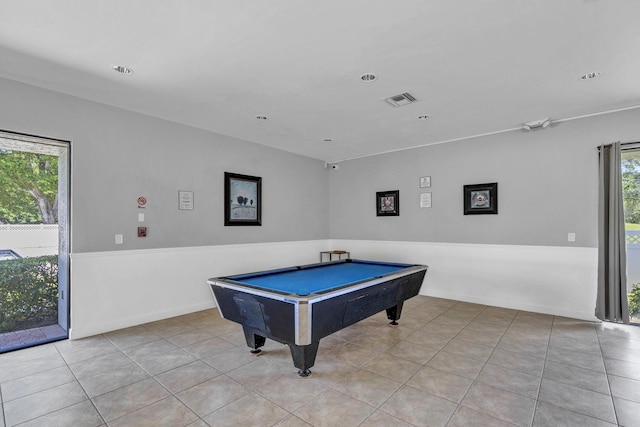 recreation room with visible vents, recessed lighting, tile patterned flooring, and pool table