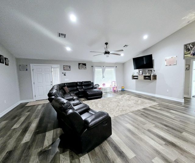 603 NW 11th Ave, Okeechobee, FL 34972 - living room featuring baseboards, a ceiling fan, wood finished floors, and visible vents
